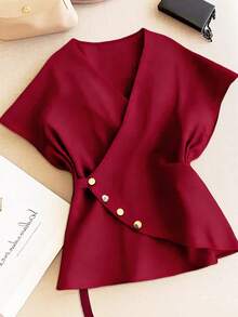 Elenzga 优雅V领交叉喇叭袖衬衫，收腰设计，时尚优雅，适合日常/工作穿着，新款红色 - 紅色 - 查看 3