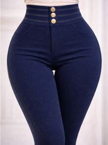 Maritza - Pantalón costillero skinny con botones dorados - Azul - Ver 6