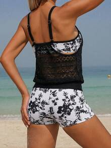 Swim Lushoire 2件套夏季沙滩女士碎花随机图案吊带背心式泳衣上衣和短裤套装 - 彩色 - 查看 2
