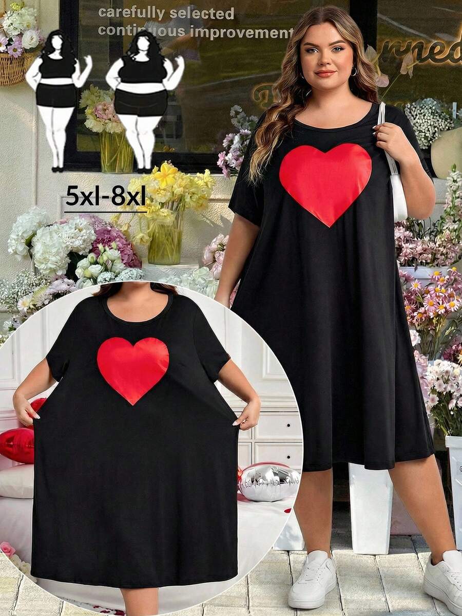 SHEIN CURVE+ 加大码/情人节/大码舒适弹力长袖短袖黑色休闲连衣裙，夏季百搭 - 黑色 - 查看 1