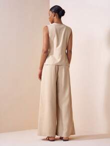 Zivah 2pcs Casual Vacation Linen Texture Knotted Collar Vest And Pleated Long Pants Set For Women Yacht Outfit Women Working Dress For Women Wool Two Pieces Women's Work Clothes For The Office Work Outfits Women - Khaki - View 3