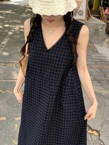 DAZY 女士格子V领无袖中长连衣裙 - 黑色 - 查看 3