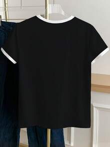 Resyla Camiseta de mujer de manga corta con cuello redondo y estampado gráfico de bloques de color - Negro - Ver 2