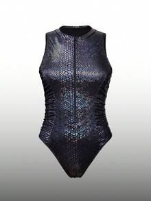 SHEIN Swim SPRTY 女士拉链式防晒泳衣，圆领，侧边褶皱设计，适合沙滩和冲浪，性感连体泳衣 - 黑色 - 查看 8