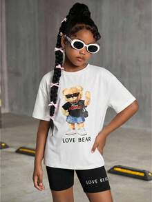 2pcs/Set Tween Girls Casual Fashion Outfit, White Loose Cute Bear Print T-Shirt And Black Skinny Bike Shorts - Black and White - View 6