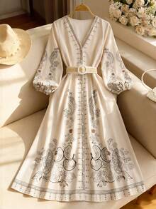 GlowEve 2026春夏新款女士印花度假中袖连衣裙 - 杏色 - 查看 1