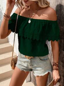 Breezaya 纯色露肩蕾丝拼接休闲短袖衬衫 - 綠色 - 查看 5