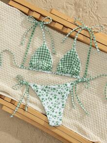 Swim Mod 女士沙滩音乐节花卉格子印花可爱打结细肩带丁字比基尼 - 彩色 - 查看 2