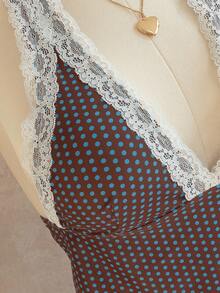 Swim Mod Women's Polka Dot Lace Trim Tie Front Tankini Swimwear Set, Cute Beach Music Style, Spring/Summer - Multicolor - View 5