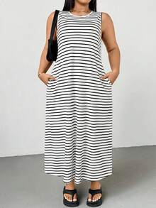 Shapeblank 大码女式夏季连衣裙、女式夏季连衣裙、女式度假连衣裙、女式夏季连衣裙、毕业礼服、商务休闲女式连衣裙、女式办公连衣裙、毕业礼服、新款时尚休闲通勤装、条纹无袖带口袋连衣裙、长款连衣裙、A字连衣裙、黑白条纹连衣裙、休闲连衣裙 - 黑與白 - 查看 1