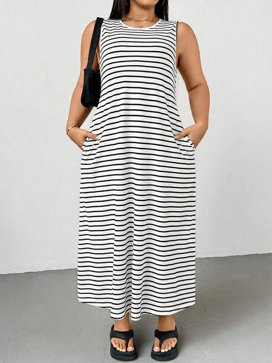 Shapeblank 大码女式夏季连衣裙、女式夏季连衣裙、女式度假连衣裙、女式夏季连衣裙、毕业礼服、商务休闲女式连衣裙、女式办公连衣裙、毕业礼服、新款时尚休闲通勤装、条纹无袖带口袋连衣裙、长款连衣裙、A字连衣裙、黑白条纹连衣裙、休闲连衣裙 - 黑與白 - 查看 1