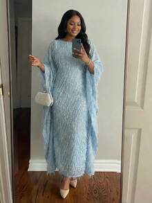 SHEIN Lady CURVE 大码女式纯色圆领蝙蝠袖宽松时尚连衣裙 - 藍色 - 查看 9