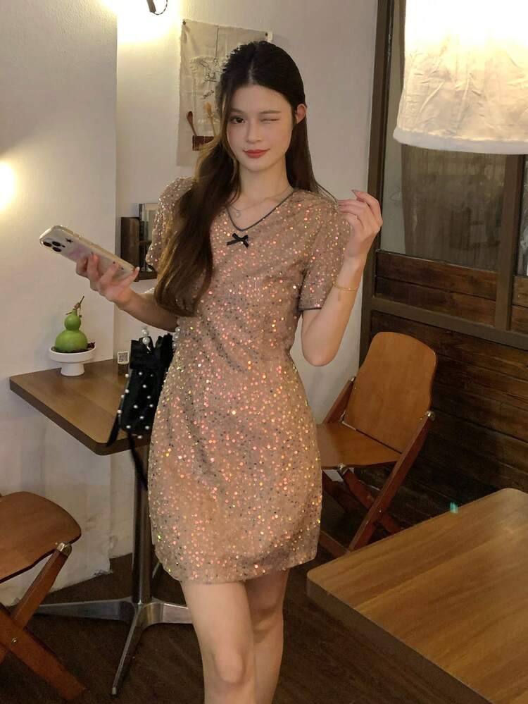 Women's Sequin V-Neck Contrast Binding Waist Party/Date Dress Sundress Summer