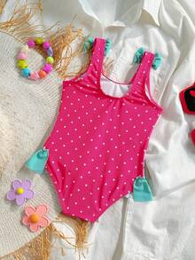 女婴撞色波点荷叶边蝴蝶结火烈鸟印花泳衣 - 彩色 - 查看 2
