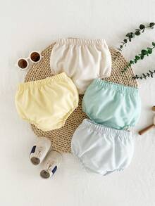 4 Packs Baby Boy Casual SS Style Solid Plain Bloomer Elastic Waist Shorts Bottoms Soft Breathable Summer Vacation Beach Nursery Khaki Green Bleu - Multicolor - View 2