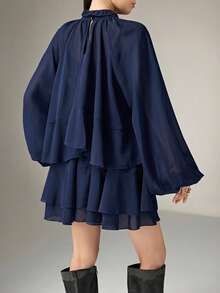 Heiryn New Spring And Summer Casual And Elegant Commuting, Daily Dates, Birthday Parties, Office Wear, Simple And Modern Urban Intellectual Style, Sweet And Cute Black Ear Fringe, Small Stand-Up Collar, Shoulder Sleeve, Bubble Long Sleeve, Ruffled Trim, Multi-Layer Cake Skirt, A-Line Skirt, Loose Fit, Fake Two Pieces, Brown Chiffon Women's Short Dress Layered Ruffle Dress Dark Blue Dress Layered Dress Spring Outfit Women - Navy Blue - View 6