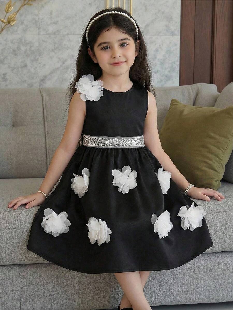SHEIN Young Girl Black Summer Traditional Wedding Dress,Woven 3D Floral Round Neck Sleeveless Party Dress With White Bow,Tween Formal Princess Flower Girl - Black and White - View 1