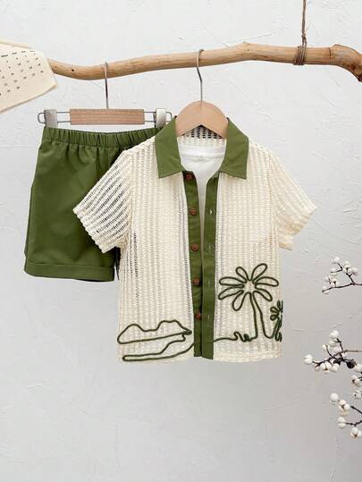 2pcs/Set Young Boy Toddler Cute Coconut Tree Pattern Hollow Out Short Sleeve Shirt Knit Top And Shorts Set, Hawaiian Shirt, Summer Outfits