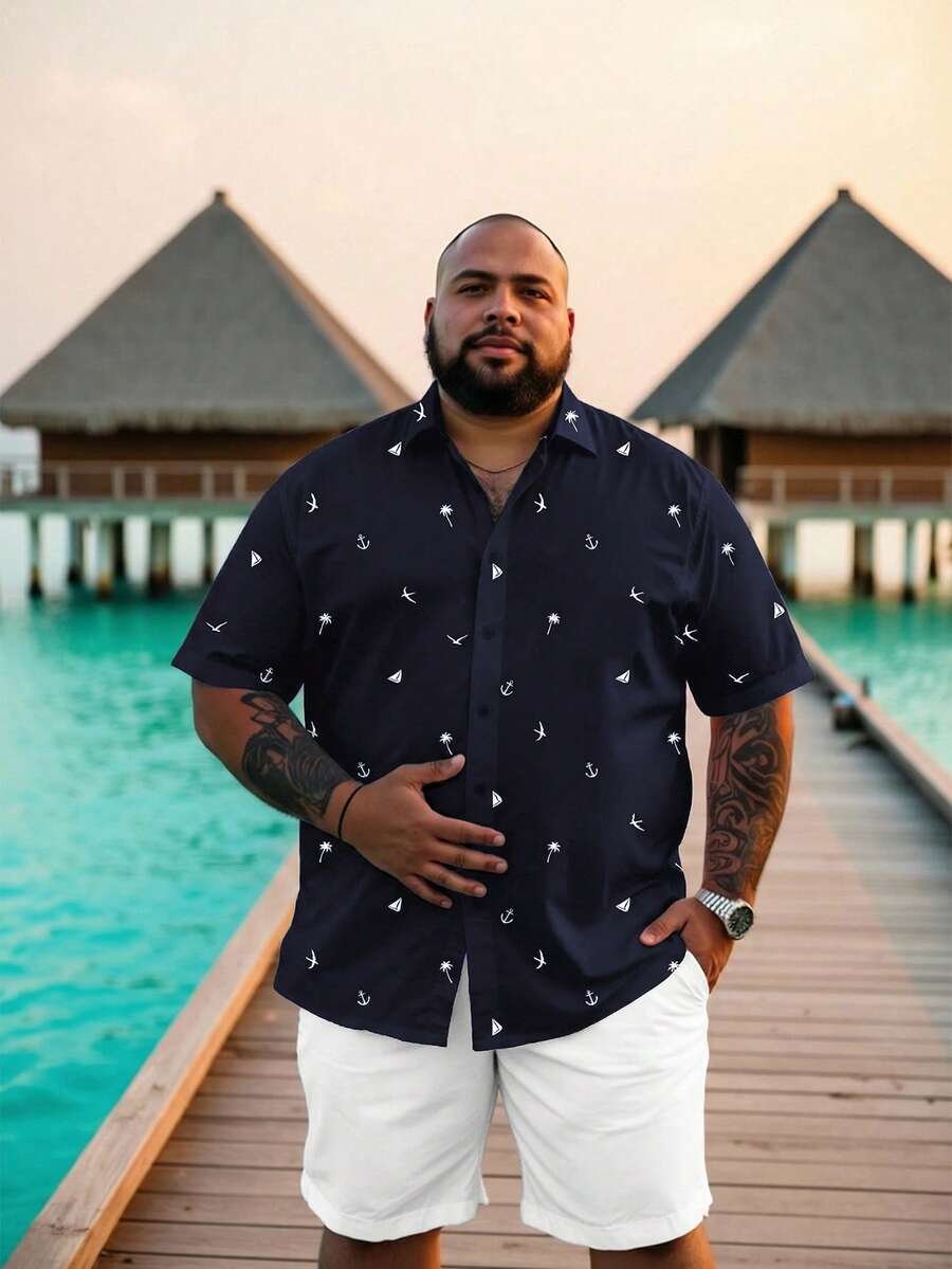 Genlund Men's Plus Size Summer Vacation Casual All-Over Print Shirt - Navy Blue - View 1
