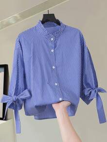 Airaco Bow Sleeve Striped 3/4 Sleeve Women Shirt - Multicolor - View 3
