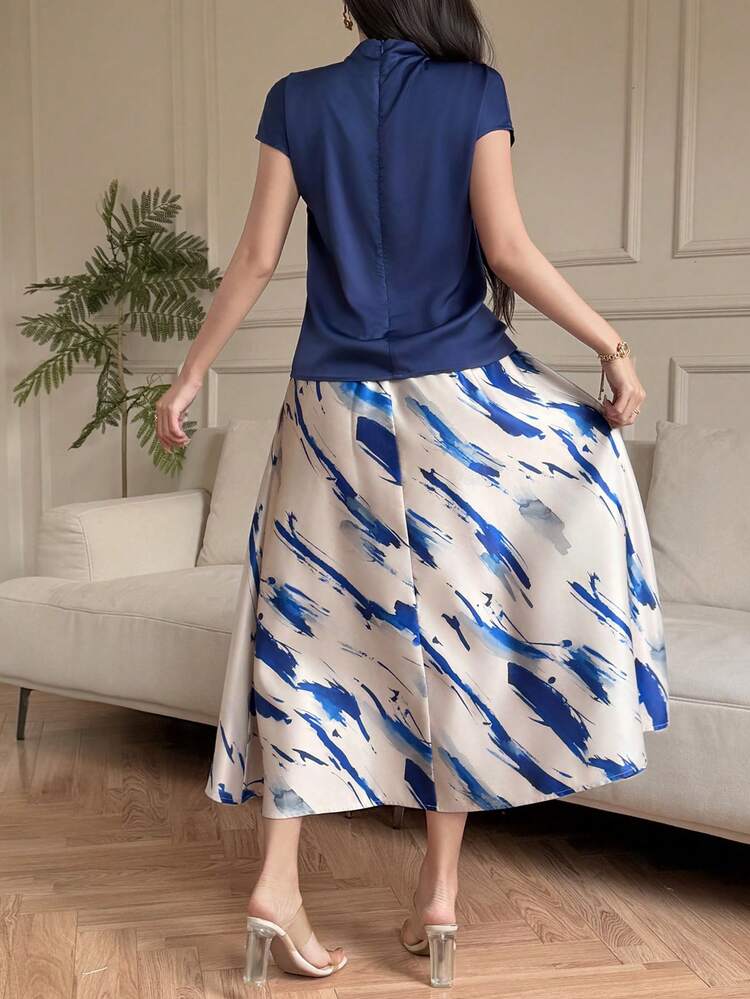 Women's Elegant Solid Color Draped Neck Top And Contrast Floral A-Line Skirt 2 Piece Set, Summer