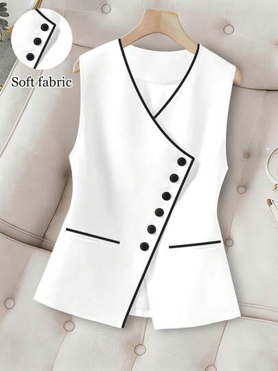 GlowEve CURVE Plus Size Women V-Neck Single-Breasted Casual Versatile Commuting Office Suit Vest Jacket