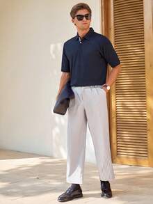 Manfinity CityGents Men's Half-Zip Raglan Short Sleeve Casual Loose Knit Sweater - Navy Blue - View 4