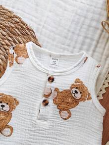 SHEIN Vintaside Kids 男婴休闲可爱小熊印花连体衣，圆领无袖，适合日常穿着、外出和度假，春夏款 - 白色 - 查看 6