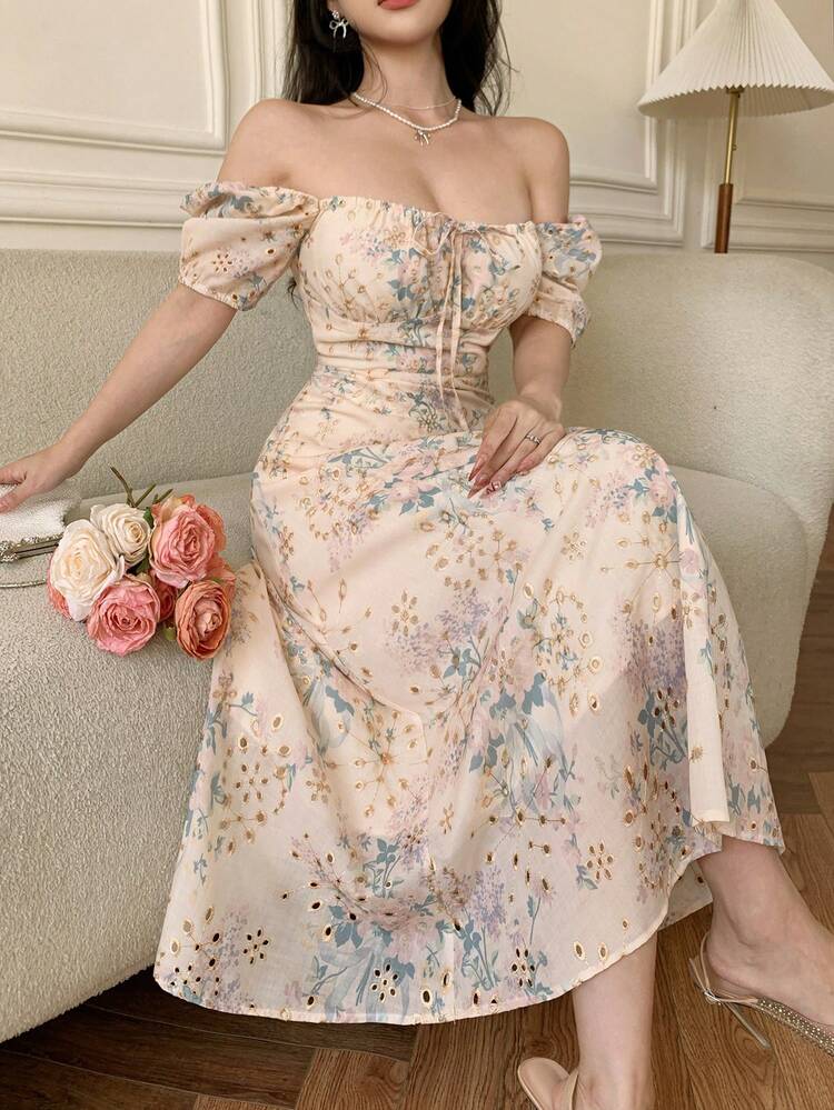 Women's Elegant Floral Print Square Neck Tie Waist Mid-Length Dress, Summer Boho