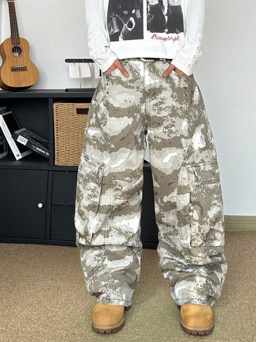 STEELVANCE 时尚多口袋铆钉设计休闲宽松直筒牛仔裤 - 軍綠色 - 查看 1