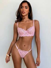 Aloruh Leaf Embroidery Sheer Mesh Underwire Lingerie Set - Pink - View 7