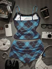 Attitoon 休闲简约学院风格子印花黑色蕾丝吊带背心和褶皱短裤两件套，适合夏季穿着 - 彩色 - 查看 2