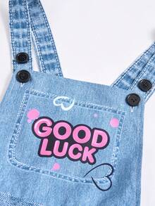 SHEIN ChillGRL 少女印花背带裤，适合返校季、个性化穿搭、春夏秋季、日常街头风 - 淺色水洗藍 - 查看 3