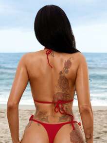 Swim SXY Summer New Solid Red Rhinestone Embellished Twist Side Sexy Heart Shaped Bikini Set, Custom Made For Valentine's Day Party Bikini With Charm Red Bikini Set Brazilian Bikini Set Bikini With Rhinestones Red Heart Bikini Bikini Red Cherry Bikini Bikini Sexy - Red - View 6