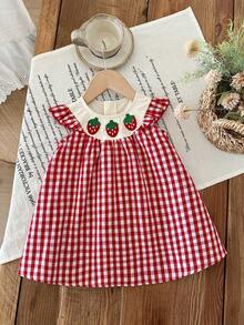 LMoss Kids 女婴草莓格子休闲连衣裙 - 紅白色 - 查看 6