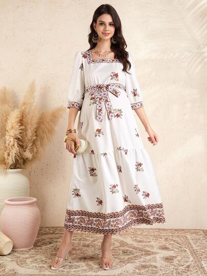 Momance Maternity Dress With Mid-Sleeve, Square Neckline, Multi-Layered Skirt, Waist Tie Bow, Printed & Embroidered Long Dress