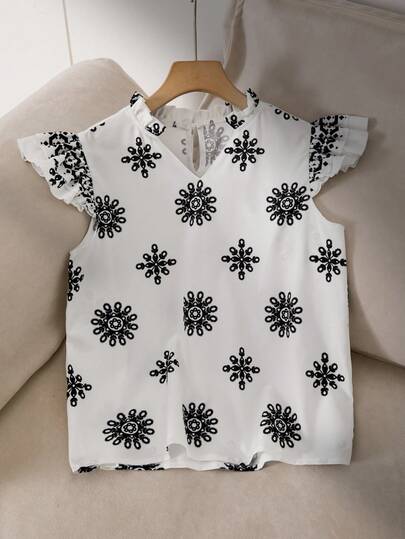 SHEIN Sparklyn 1pc Girls' Casual V-Neck Floral Print Soft & Comfortable Blouse, Suitable For Commuting And Shopping, Short Sleeve, Summer