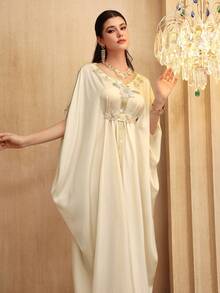 Al Najma Elegant Beige Beaded & Rhinestone Embellished Bat Wing Dress, Spring/Summer - Apricot - View 8