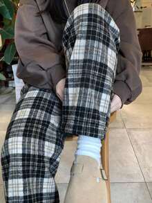 DAZY 女士宽松直筒格子裤，秋冬季 - 黑色 - 查看 5