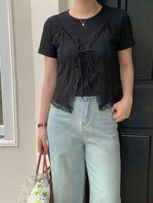 DAZY Women's 2 In 1 Lace Patchwork Round Neck Short Sleeve T-Shirt Summer - Black - View 5