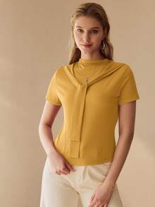 MOTF PREMIUM 女士休闲罗纹针织扭结前襟短袖修身T恤，纯色，适合日常通勤，夏季穿着 - 黃色 - 查看 3