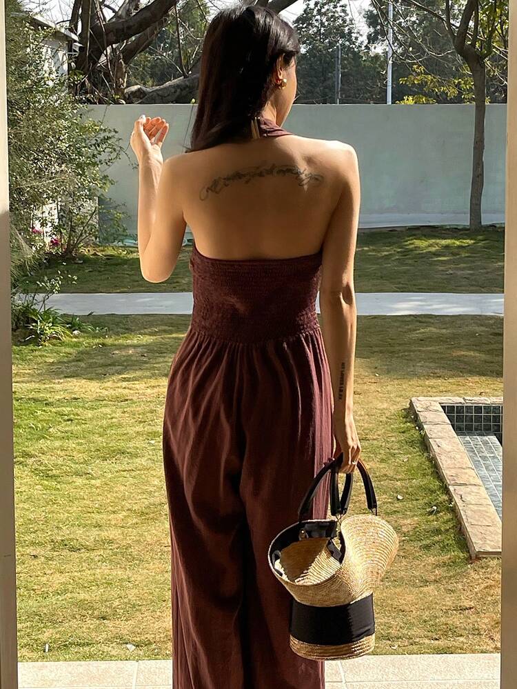 Women's Casual Solid Color Halter Sleeveless Jumpsuit, Summer Jumpsuit For Women Lounge Sets For Women