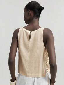 Ontre 2026春夏女士纯色亚麻面料侧开衩蝴蝶结设计圆领无袖背心，都市通勤商务休闲优雅上衣，适合度假、派对、夏季穿着 - 杏色 - 查看 3