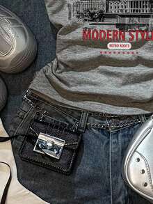 SHEIN EZwear 女士休闲简约复古风景标语印花褶皱腰部露肩修身短袖T恤，适合夏季穿着，Y2K不对称肩部紧身设计，露肩上衣 - 淺灰色 - 查看 5