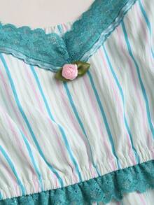 Sweetra 2026 Spring/Summer New Arrival Floral Patchwork Sweet Fitted Retro Striped Blouse - Multicolor - View 5