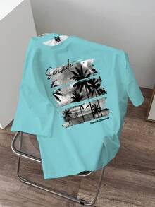 Manfinity RSRT Men's Round Neck Short Sleeve Casual Palm Tree Graphic T-Shirt, Versatile For Summer Daily Wear - Mint Green - View 2