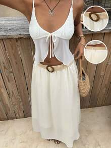 Sunnyshic Women's Apricot A-Line Elastic Waist Belt Skirt, Casual Beach Holiday Fashion All-Match Versatile Boho Style, Spring/Summer - Apricot - View 2