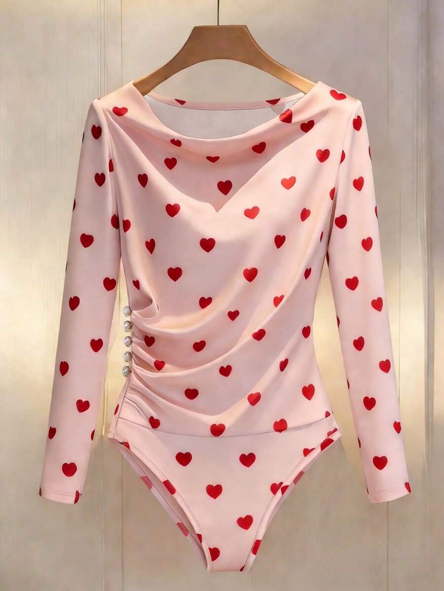 SHEIN Franclia 女士时尚、优雅、性感爱心印花连体衣 - 粉色 - 查看 1