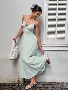 Siren Gaze 女士休闲条纹交叉露背无袖连衣裙 女士夏季连衣裙 休闲夏季连衣裙 吊带连衣裙 女士休闲连衣裙 - 綠色 - 查看 7