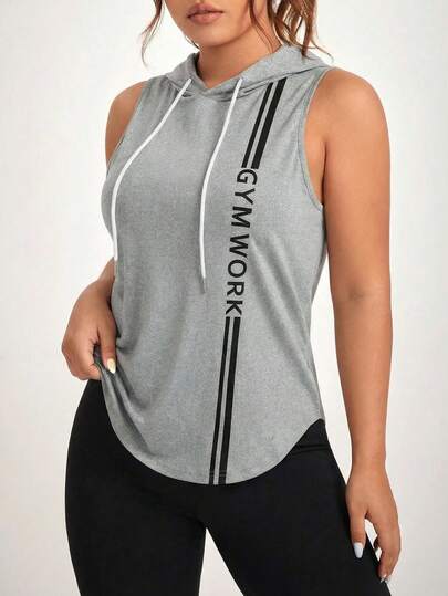 Rhythm Era Plus Size Summer Casual Letter Print Sports Vest Hooded Tank Top Activewear Top Curve Athletic Top Curve Activewear Tops Curve Workout Tops Grey Gym Top Sleeveless Hoodie Women Women Gym Tops